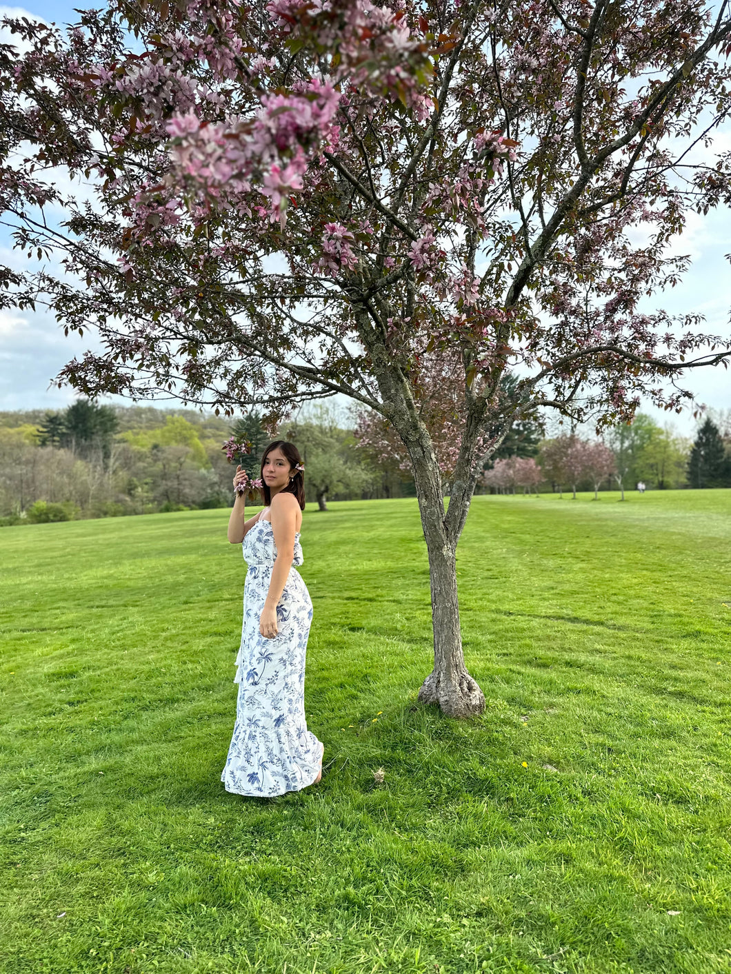 White and Navy Blue Strapless Dress